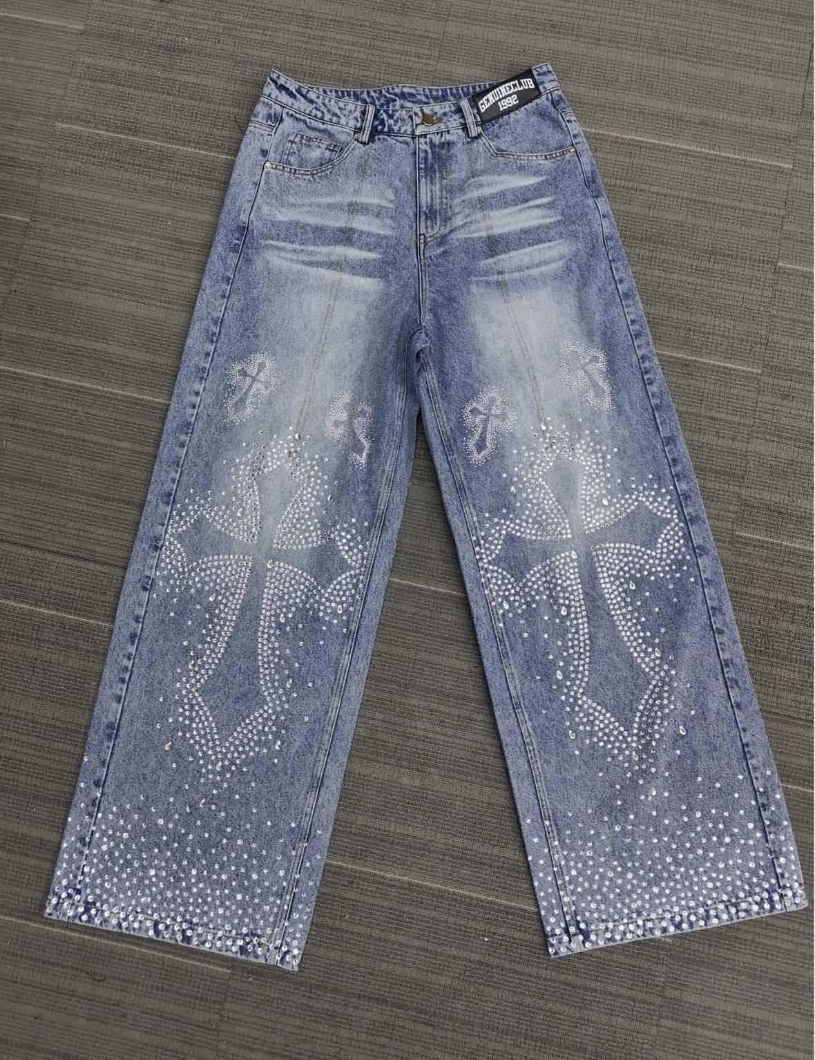 Rhinestone Embellished High Waist Loose Straight Jeans
