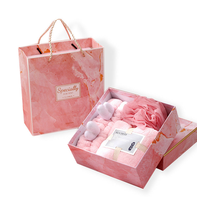 Soft Coral Velvet Towel Gift Set, Three-Piece with Hair Band and Bath Ball