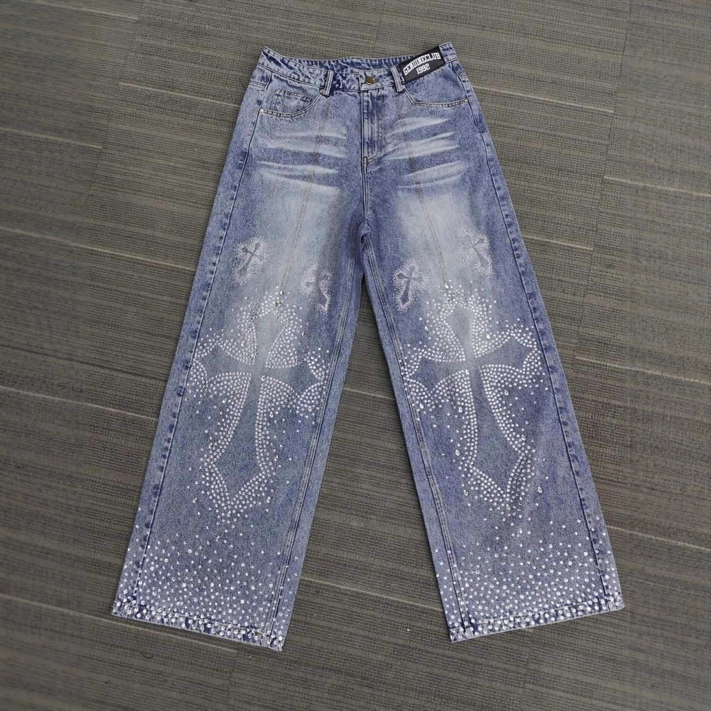 Rhinestone Embellished High Waist Loose Straight Jeans