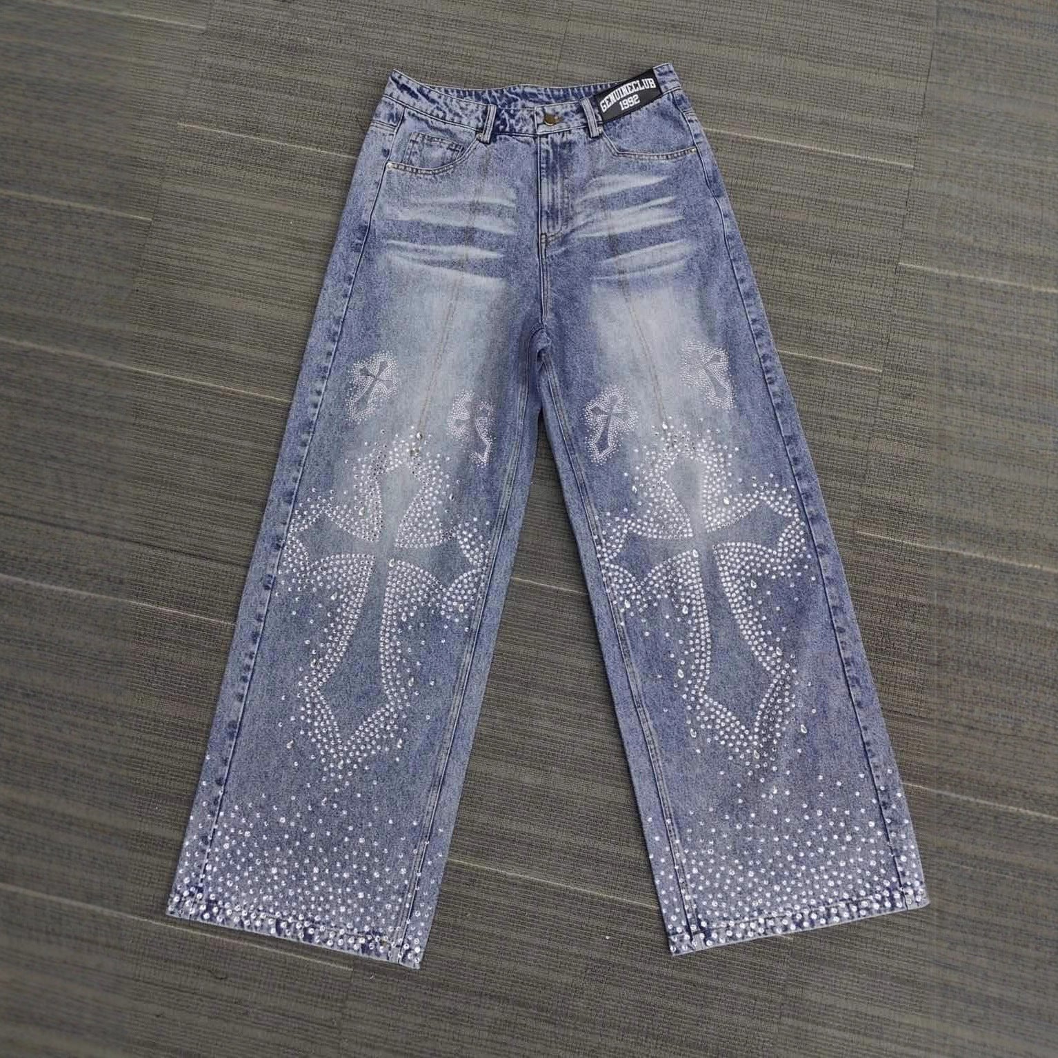 Rhinestone Embellished High Waist Loose Straight Jeans