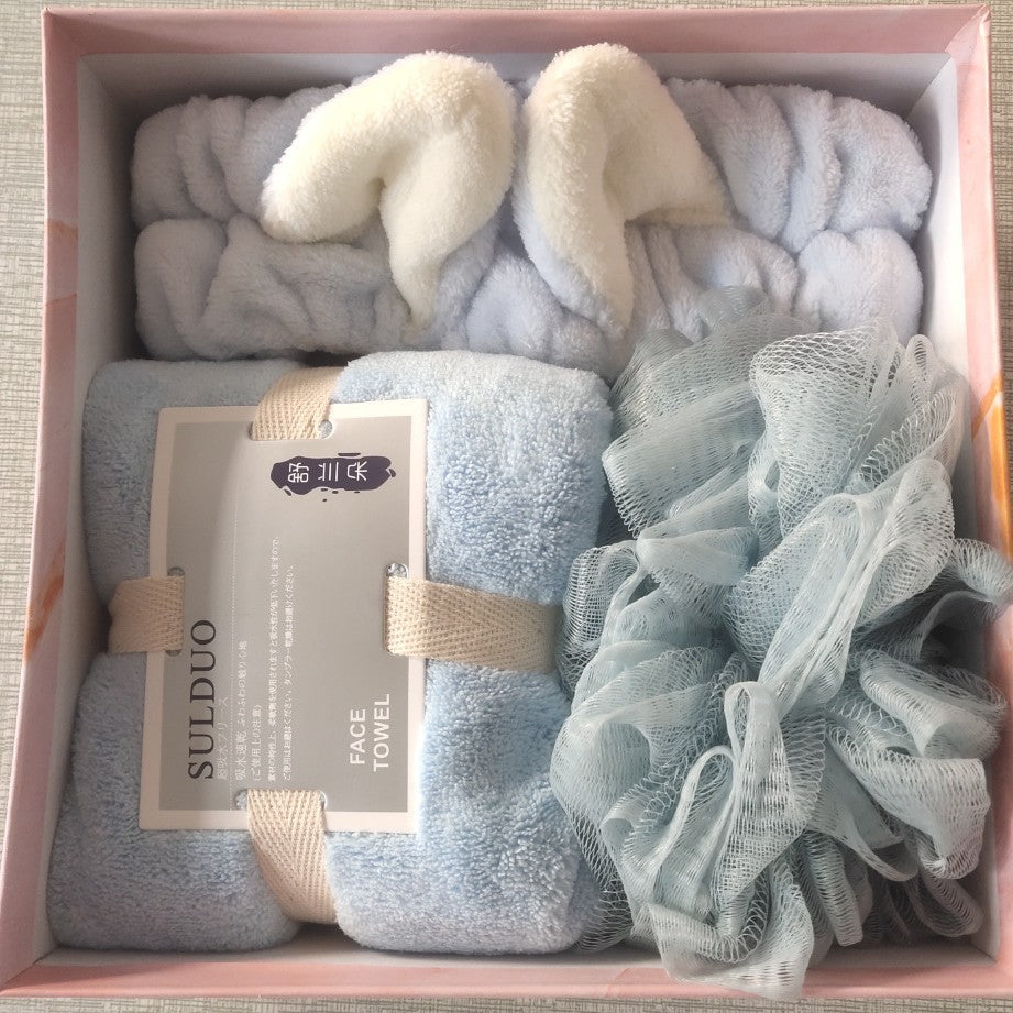 Soft Coral Velvet Towel Gift Set, Three-Piece with Hair Band and Bath Ball