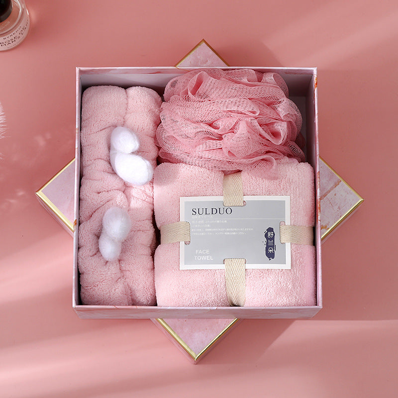 Soft Coral Velvet Towel Gift Set, Three-Piece with Hair Band and Bath Ball