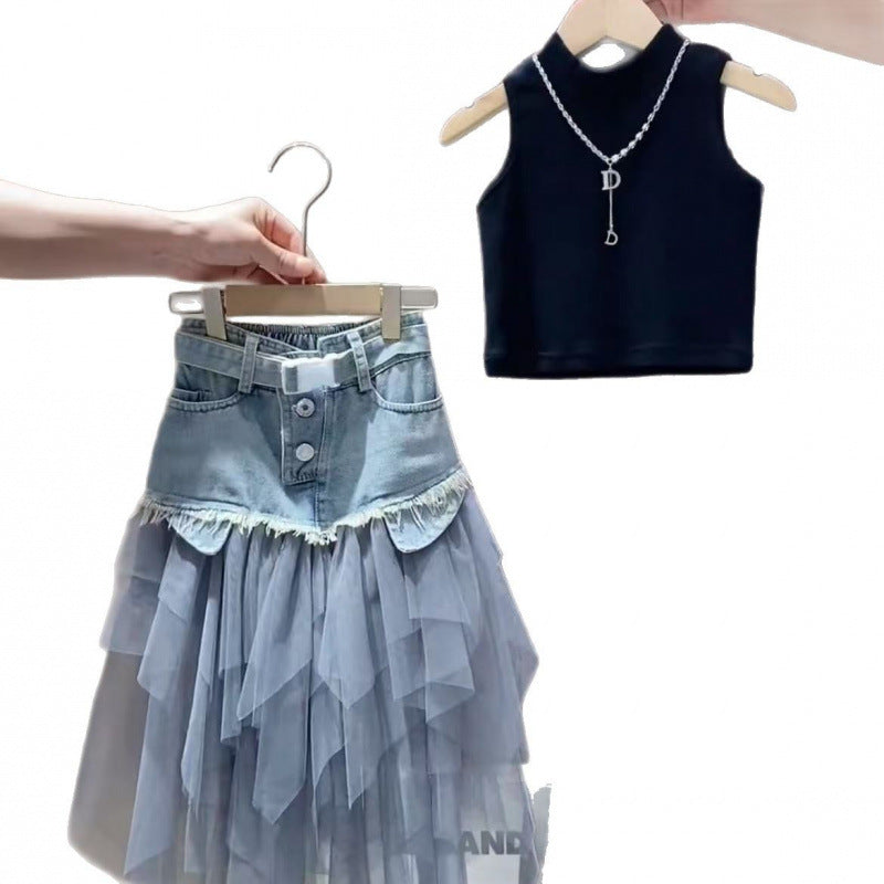 Girls Denim Patchwork Two-Piece Set