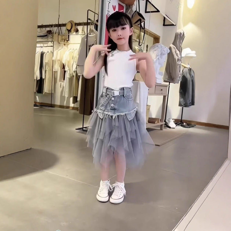 Girls Denim Patchwork Two-Piece Set