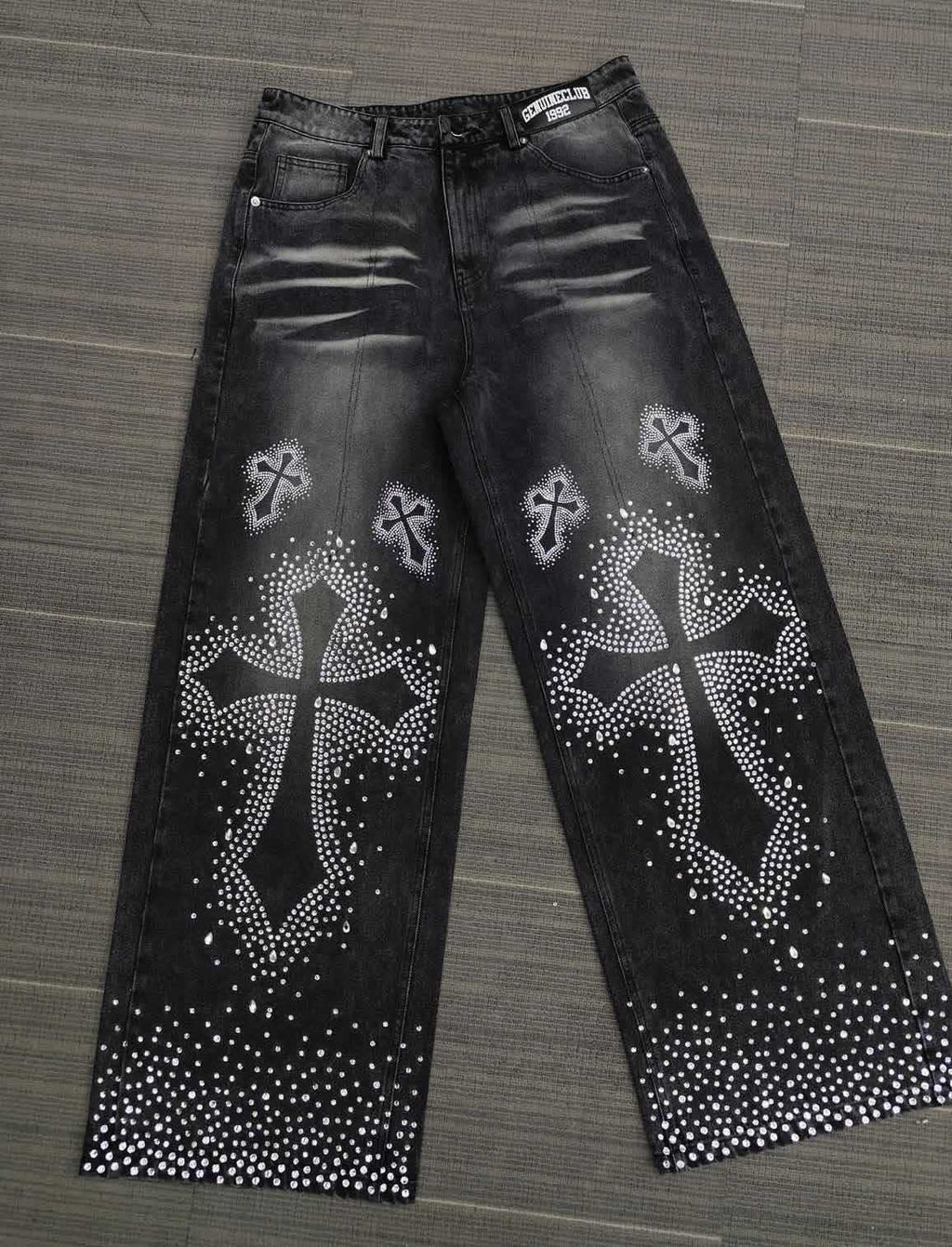 Rhinestone Embellished High Waist Loose Straight Jeans