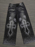 Rhinestone Embellished High Waist Loose Straight Jeans