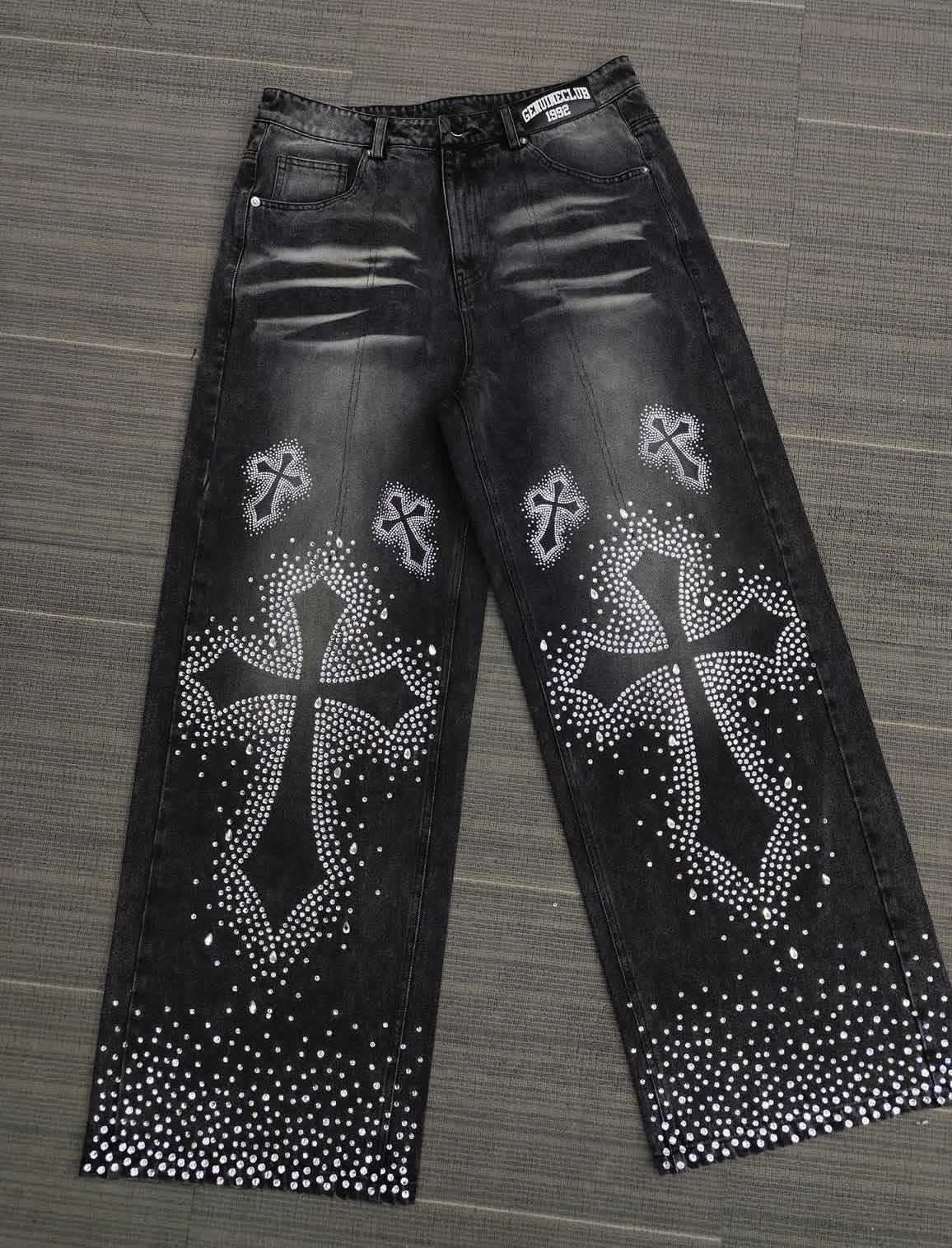 Rhinestone Embellished High Waist Loose Straight Jeans
