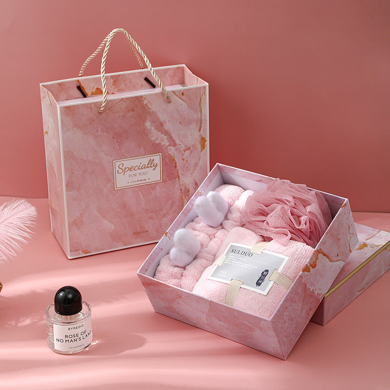 Soft Coral Velvet Towel Gift Set, Three-Piece with Hair Band and Bath Ball