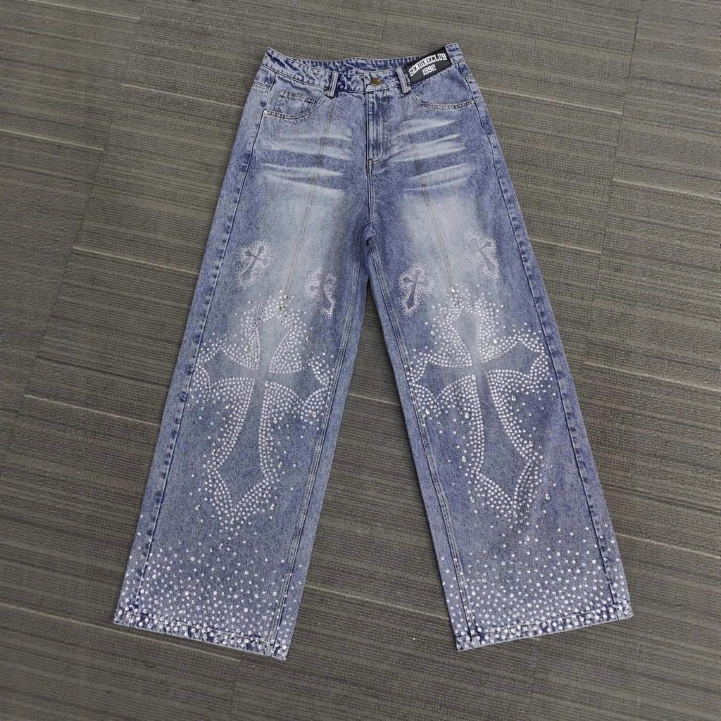 Rhinestone Embellished High Waist Loose Straight Jeans