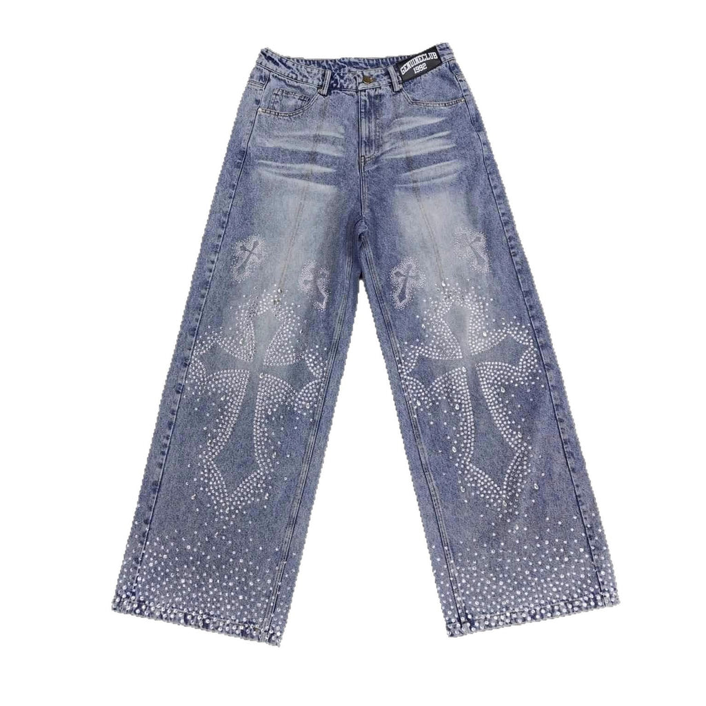 Rhinestone Embellished High Waist Loose Straight Jeans