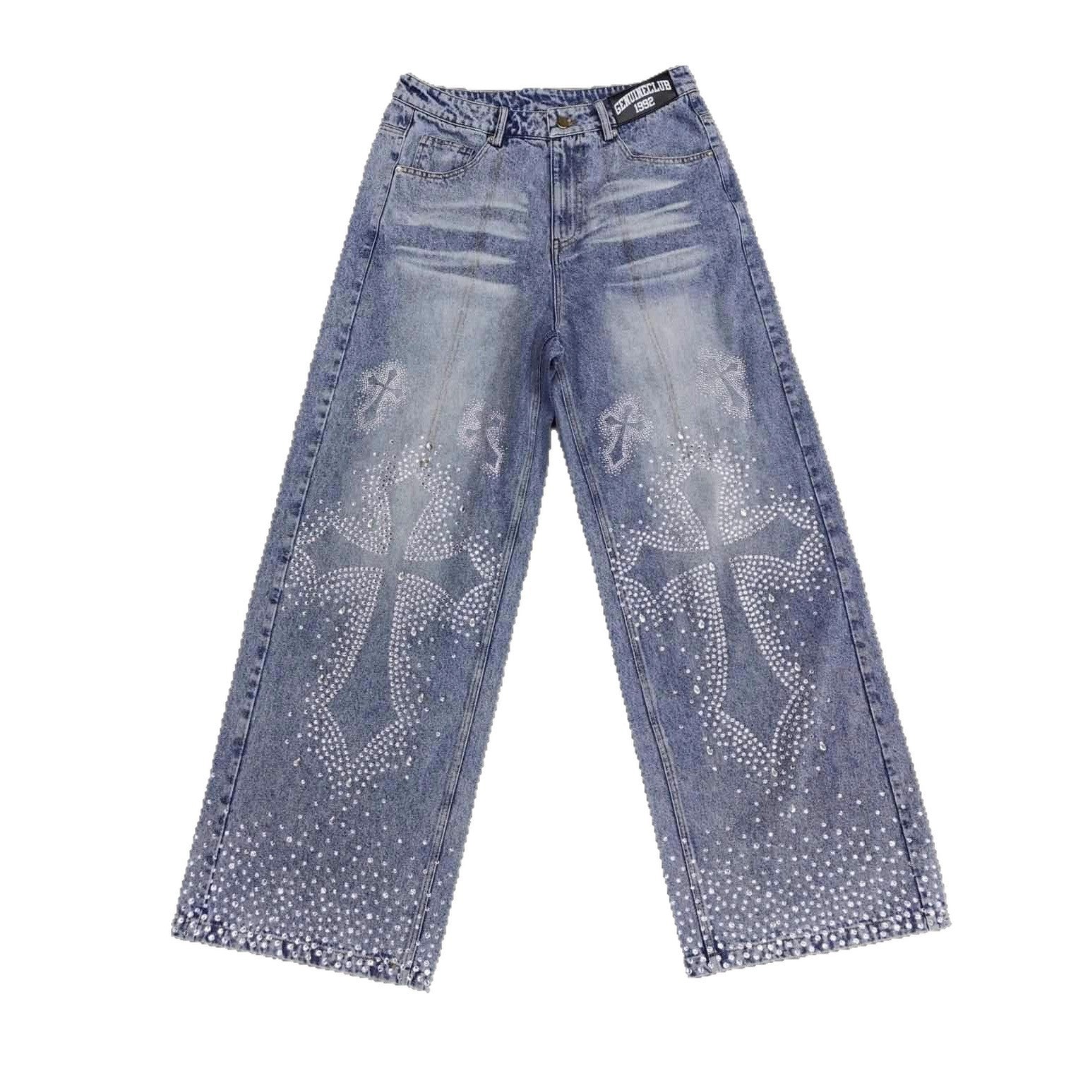 Rhinestone Embellished High Waist Loose Straight Jeans