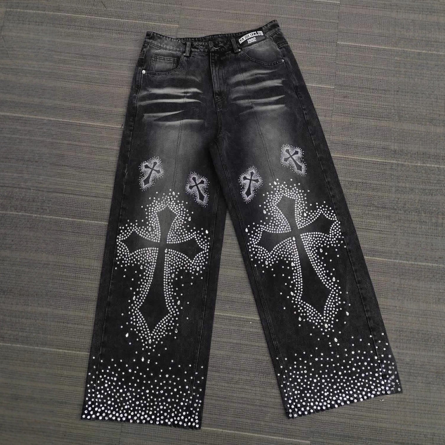 Rhinestone Embellished High Waist Loose Straight Jeans