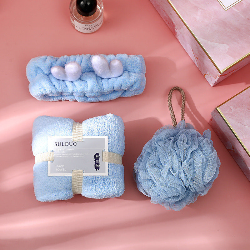 Soft Coral Velvet Towel Gift Set, Three-Piece with Hair Band and Bath Ball