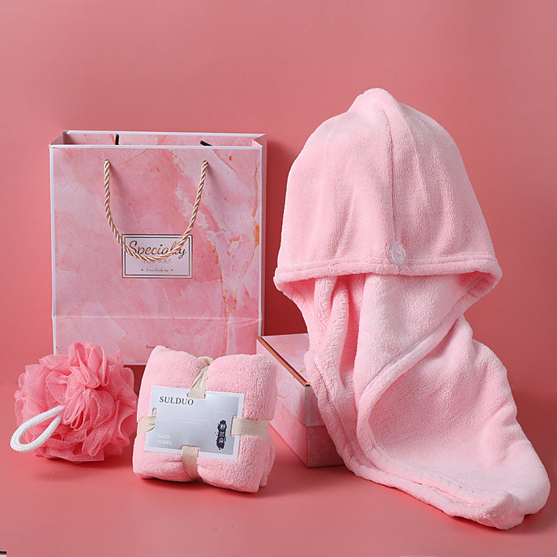 Soft Coral Velvet Towel Gift Set, Three-Piece with Hair Band and Bath Ball