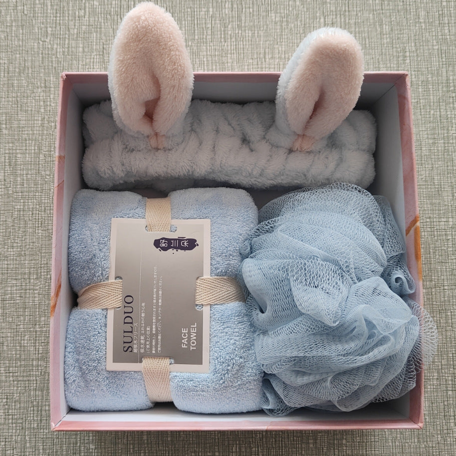 Soft Coral Velvet Towel Gift Set, Three-Piece with Hair Band and Bath Ball