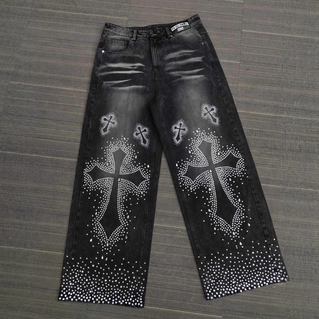 Rhinestone Embellished High Waist Loose Straight Jeans